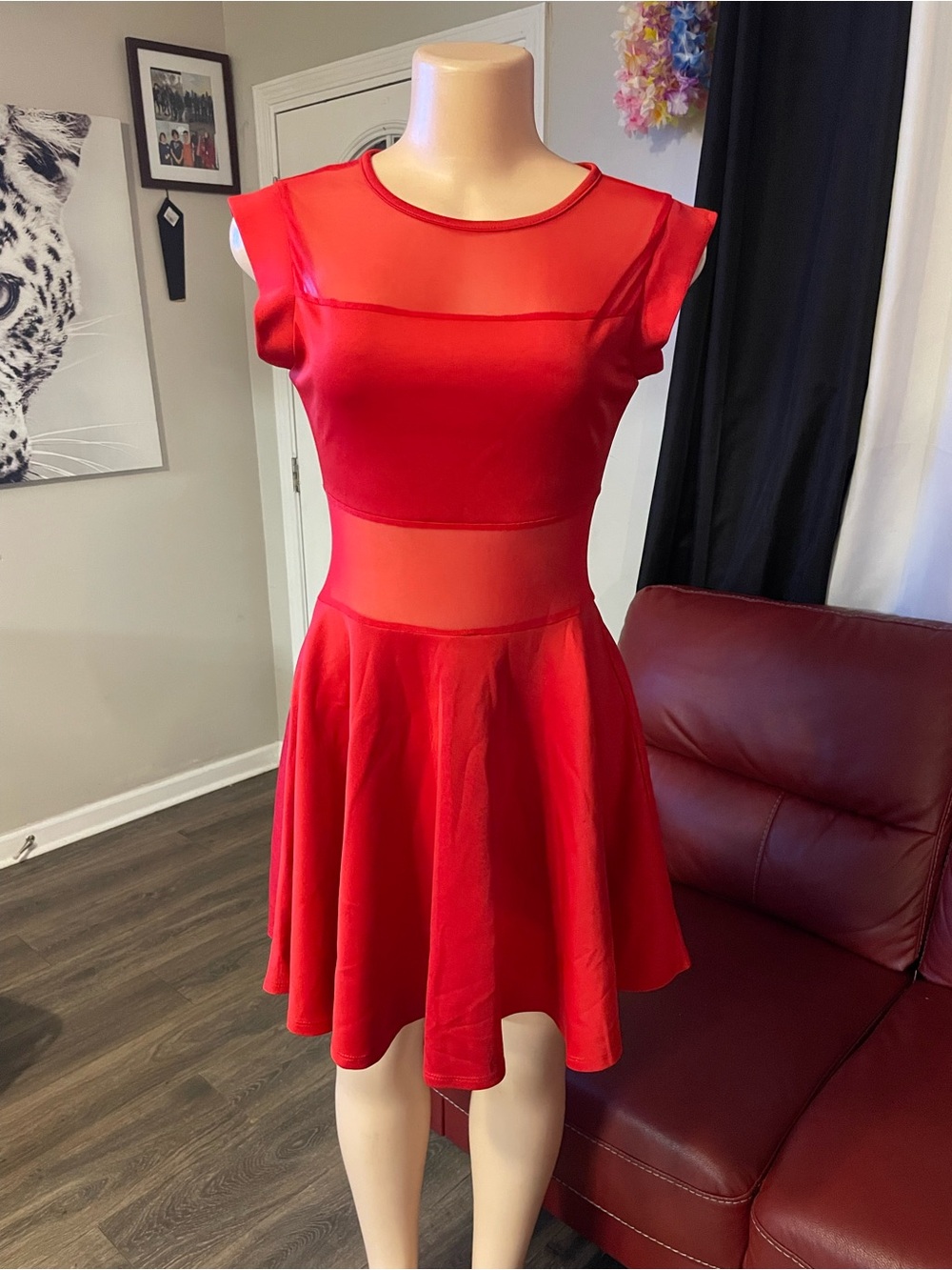 Sugar & Spice Red Mesh Panel Fit & Flare Dress ALine mesh small dance